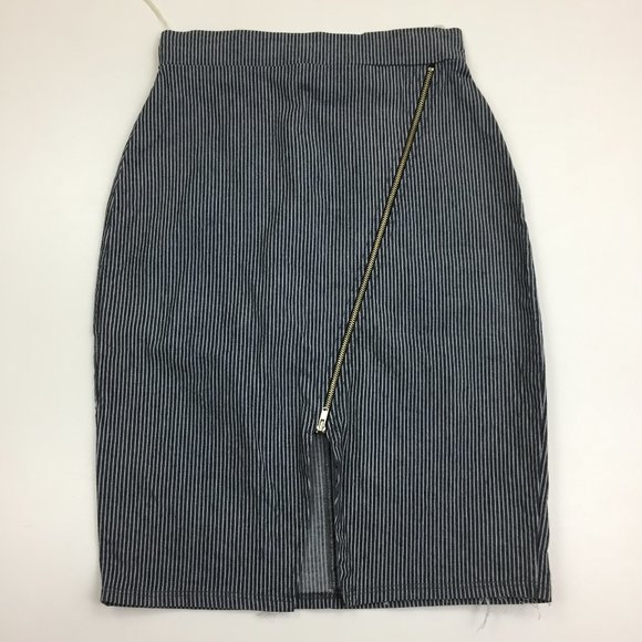 THE VINTAGE SHOP Dark Blue Gray Striped Asymmetric Zip Front Pencil Skirt - Picture 1 of 8